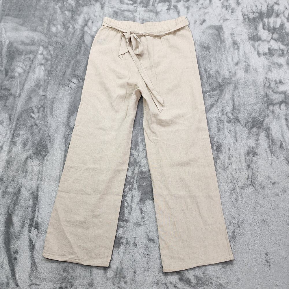 Ambiance Apparel Pants Womens S Beige Linen Blend Wide Leg Tie Waist Casual Airy